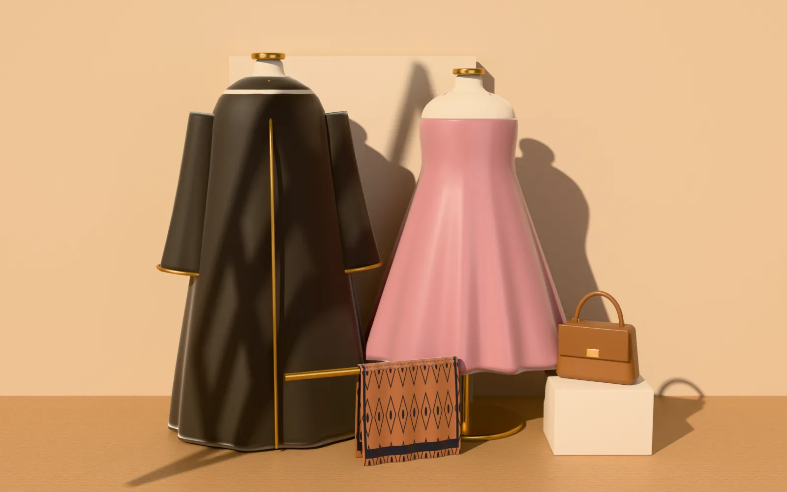Abaya and dress on forms in the atelier
