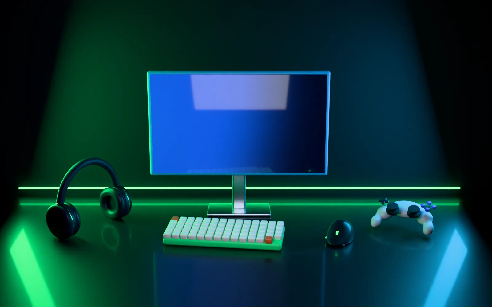 Gaming desk lit in green and cyan