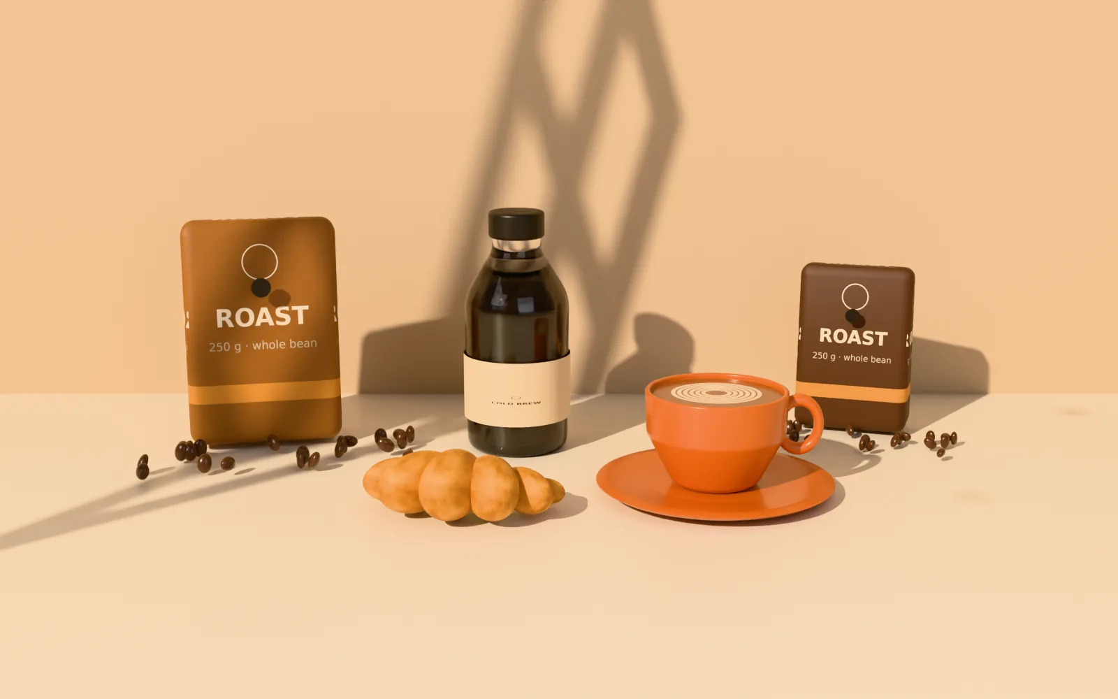 Café counter with beans, cold brew and pastry