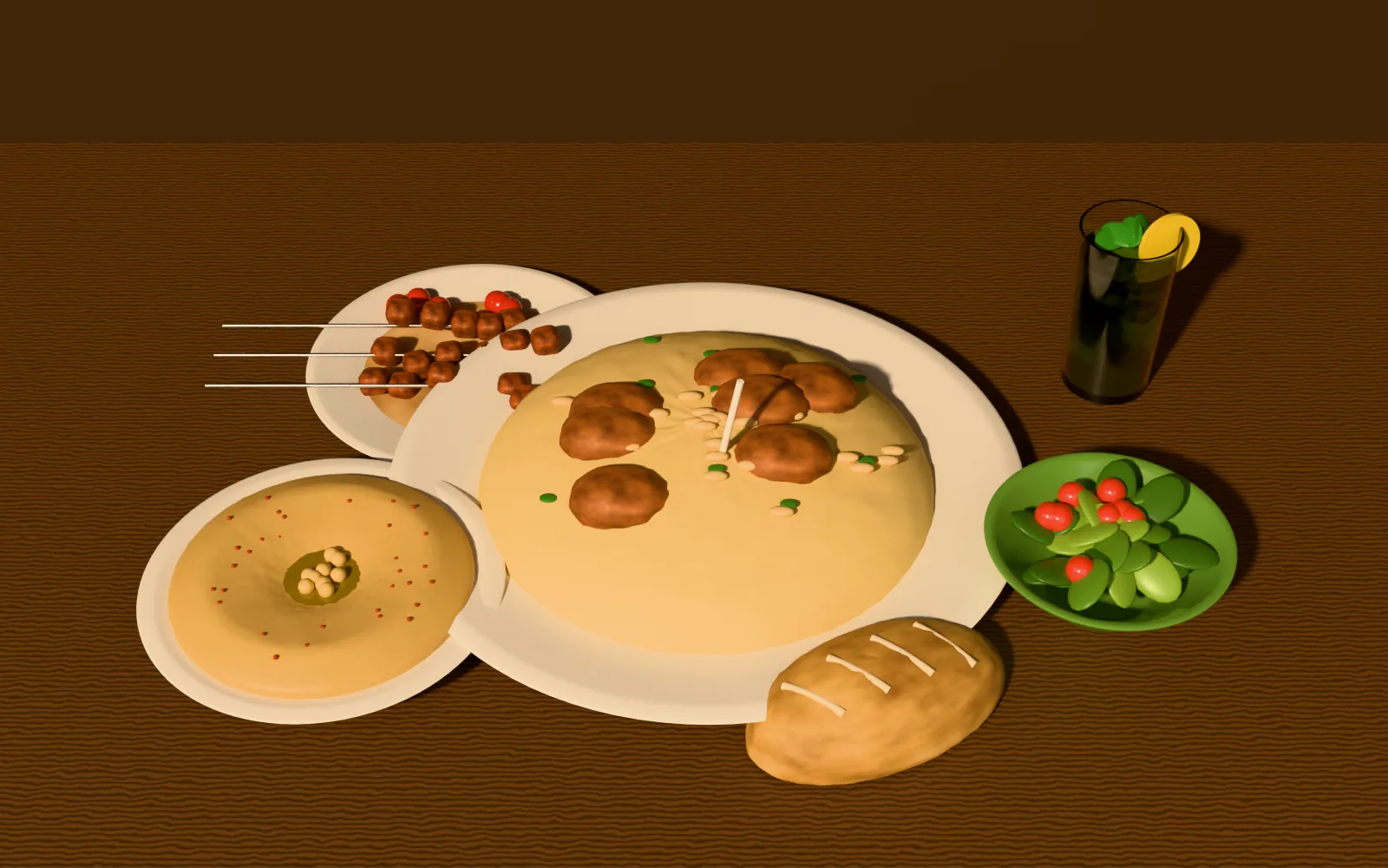 Shared table of mezze, grills and mansaf