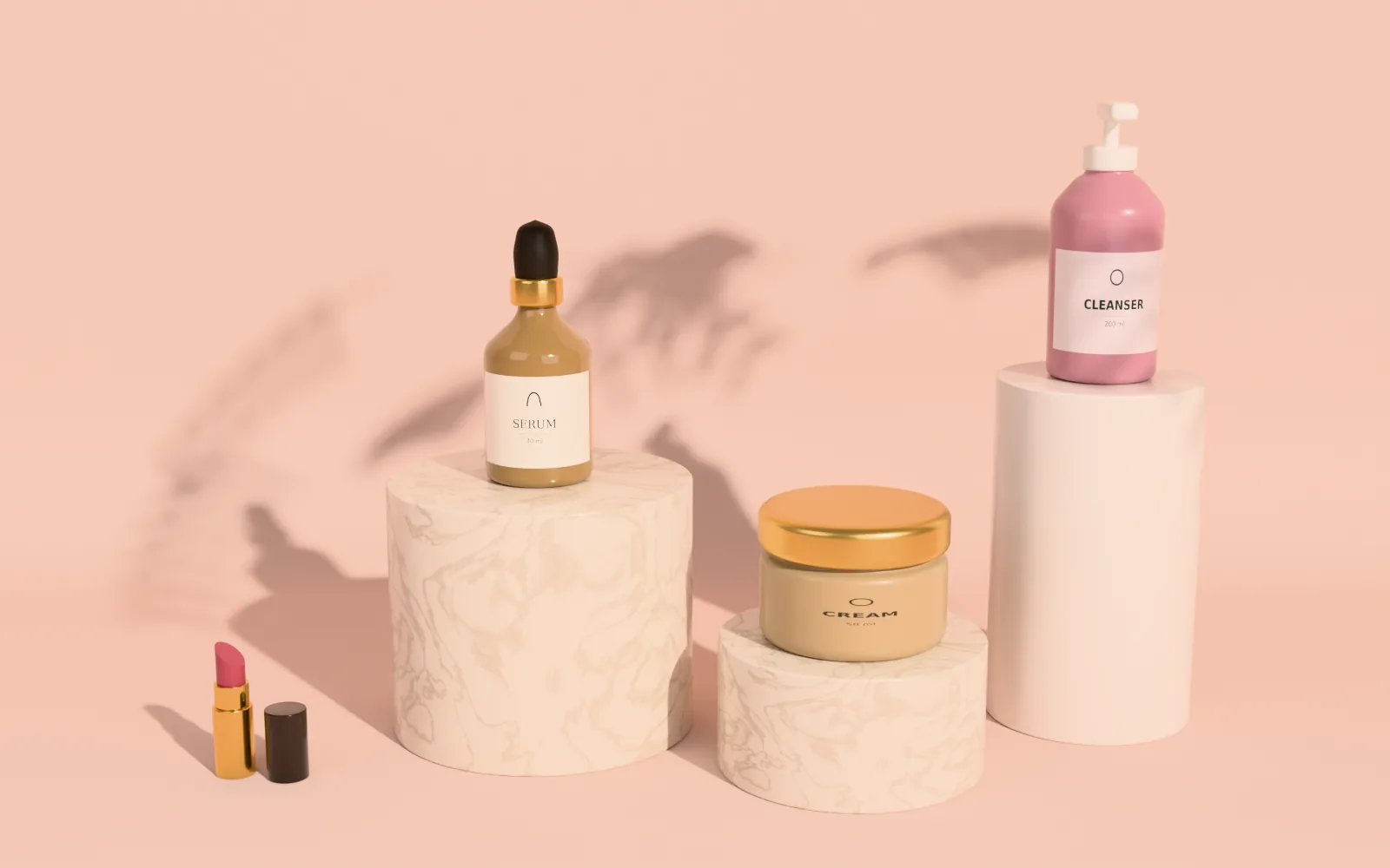 Serum, cream and bottle on travertine plinths